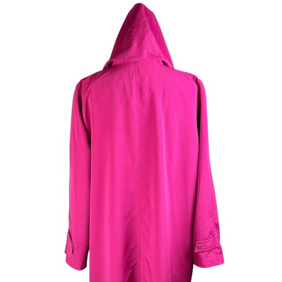 Gallery Pink Hood Button Closure Padded Shoulder Lined Long Rain Jacket Pockets - Picture 5 of 13